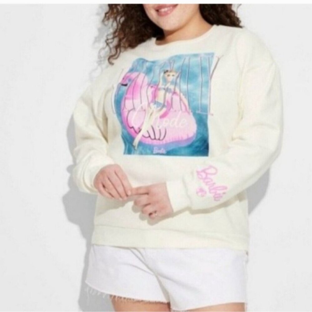 Barbie Womens Vacay Mode Graphic Sweatshirt 2X Off-White Long Sleeve Crewneck